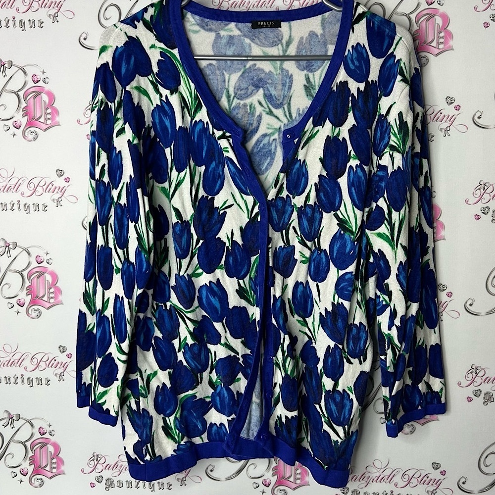 Paige cardigan button up tulips 🌷 flowers Blue Floral Women's Sweater